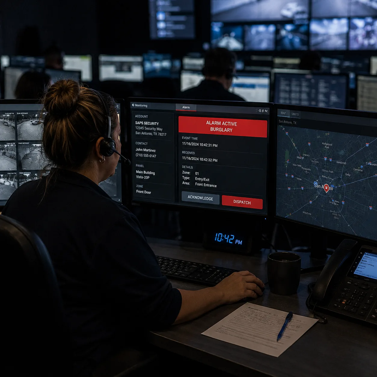 Central station operator responding to an alarm signal at a monitoring workstation