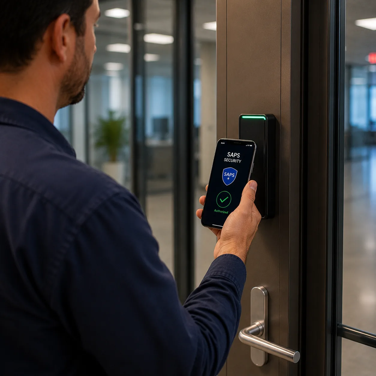 Employee tapping a mobile credential on an access control reader at a commercial door