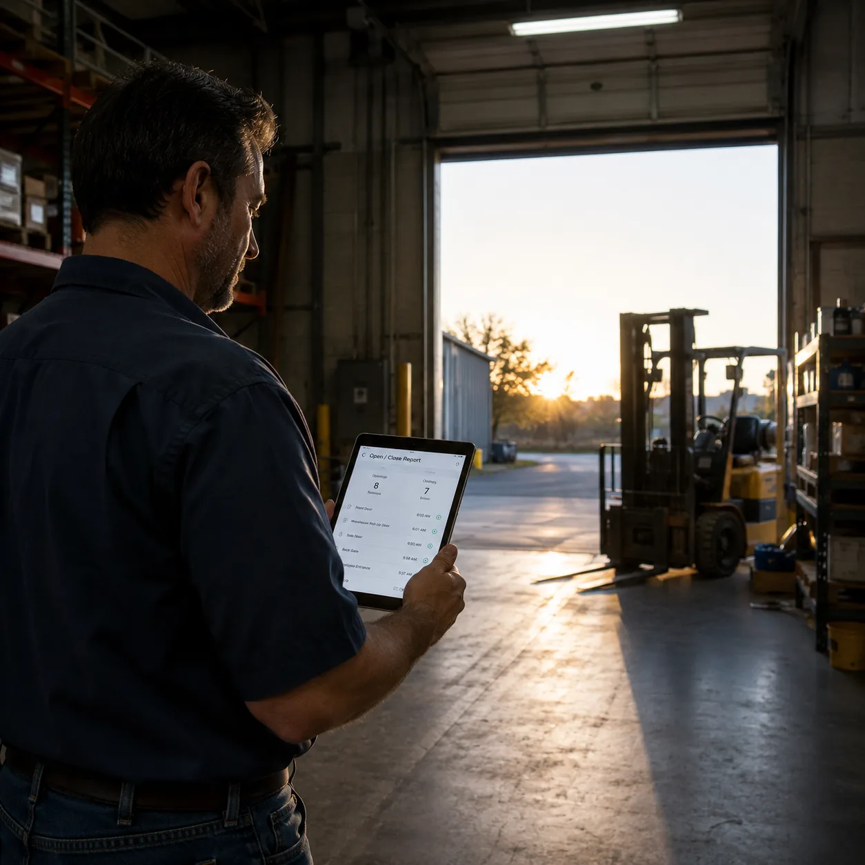 Business owner reviewing security system open and close reports on a tablet in a warehouse
