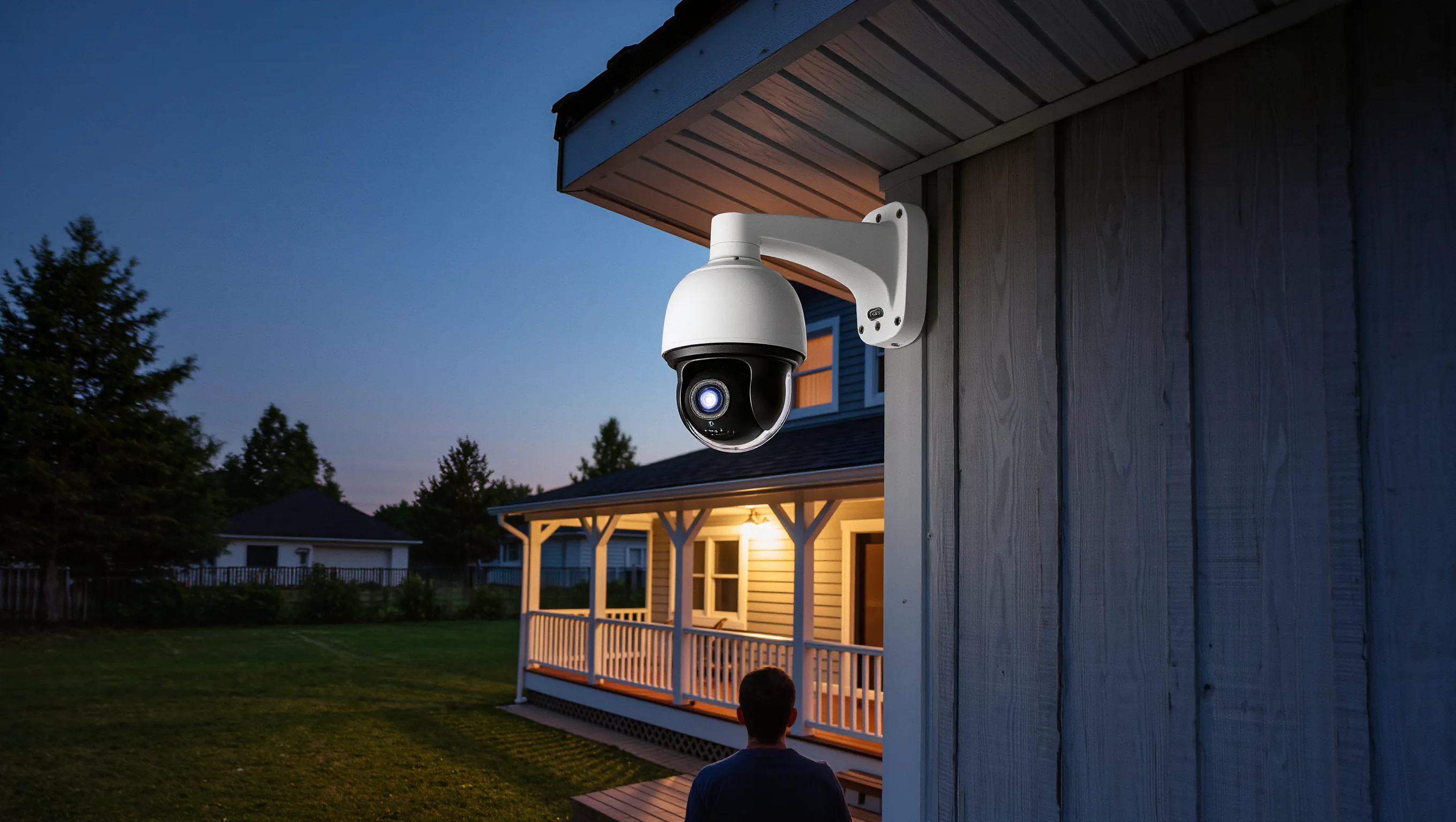 A security camera mounted high under a house eave at dusk, angled steeply down at a person below whose face it cannot see