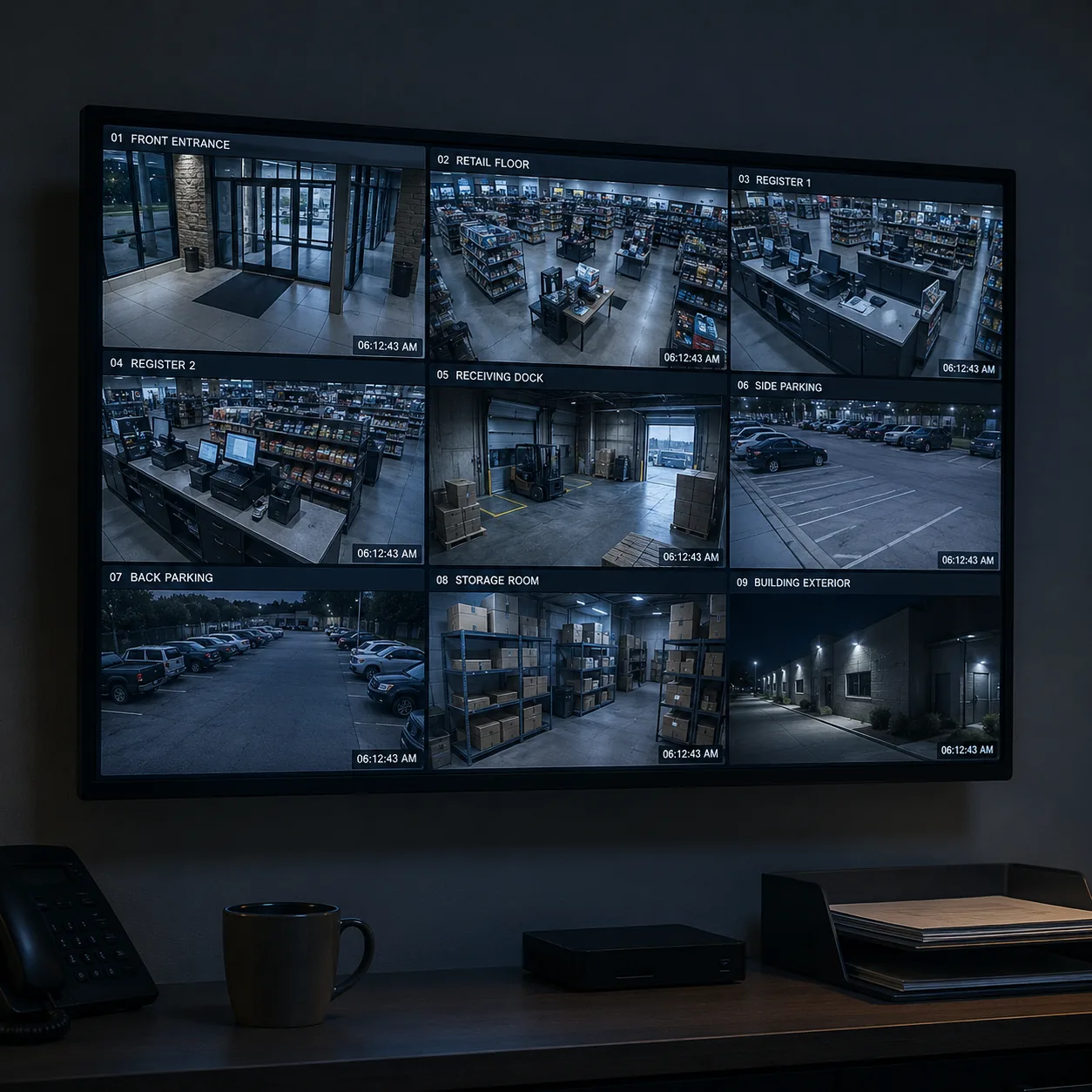 Multi-camera video surveillance wall showing commercial site views
