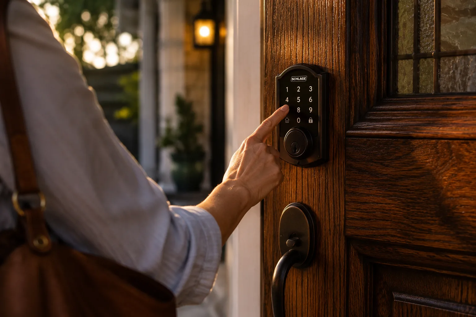 Smart deadbolt on a solid wood front door with a homeowner entering a code