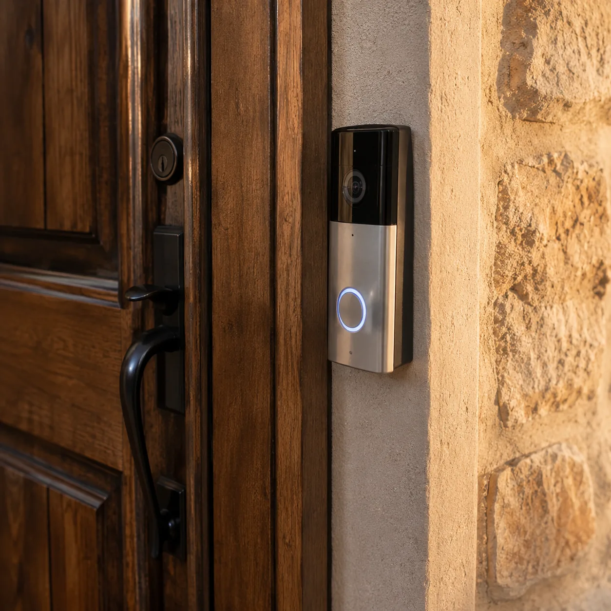 Doorbell camera mounted beside a residential front door with correct viewing angle