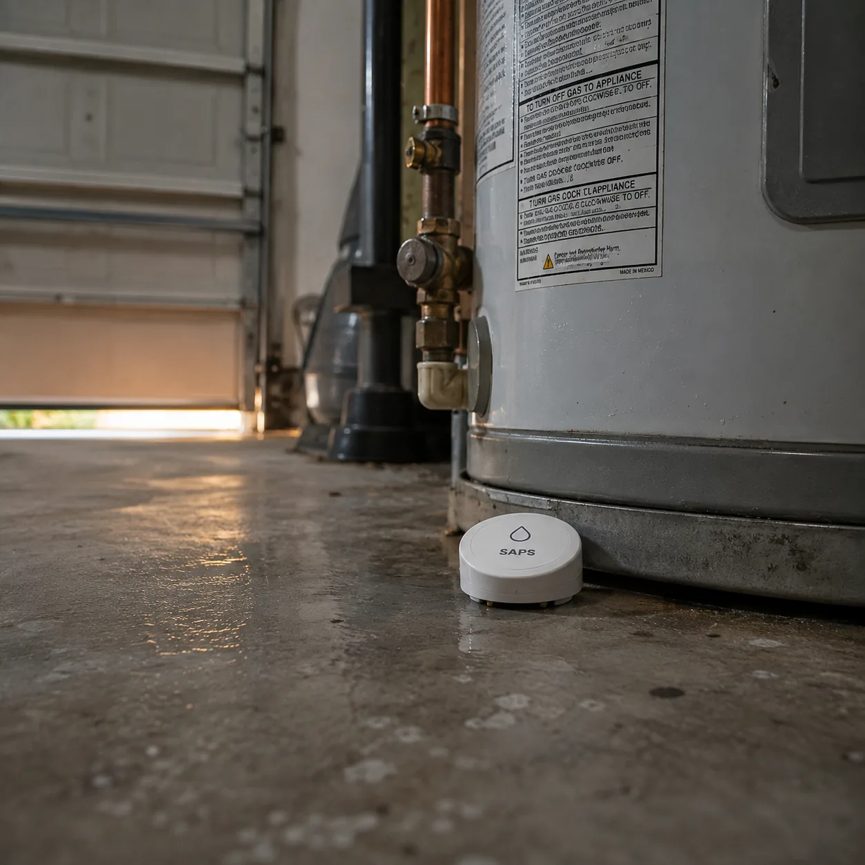 Water leak sensor installed beside a residential water heater in a garage