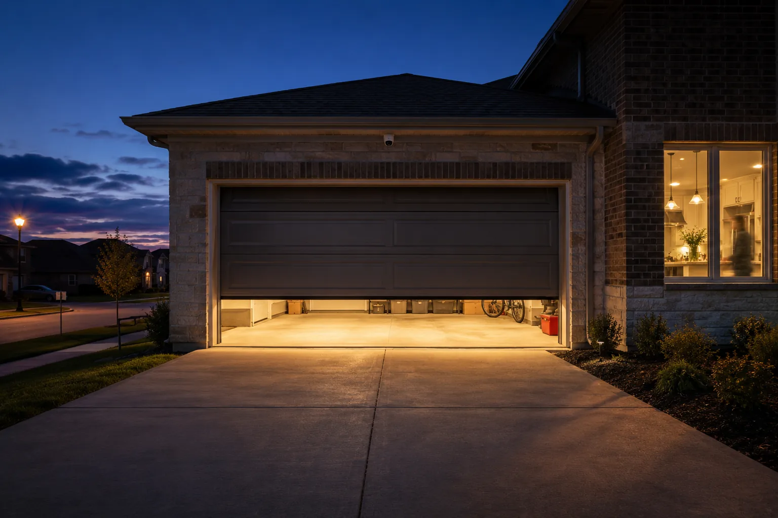 Suburban Texas garage with door closing at dusk, viewed from the driveway