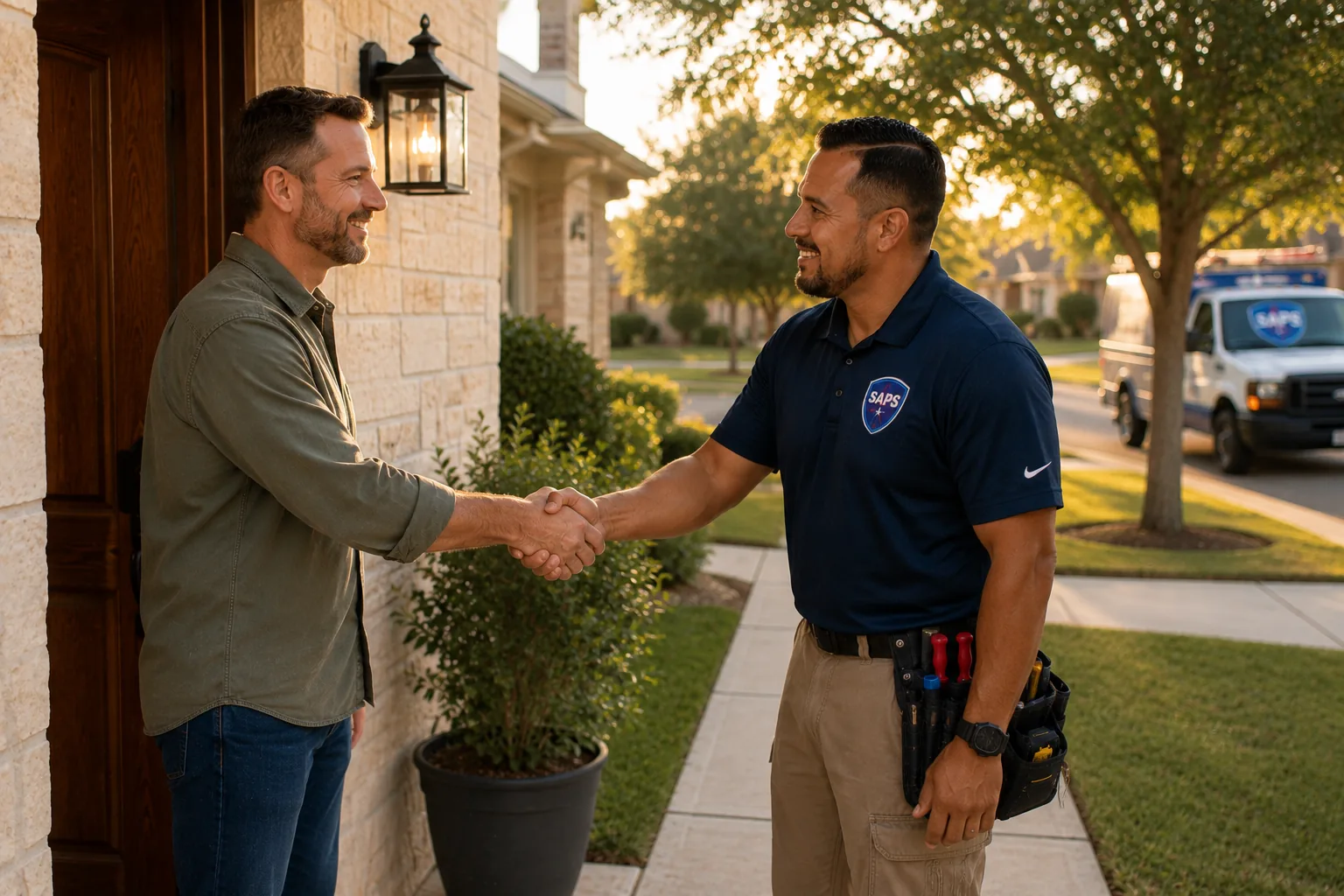SAPS technician shaking hands with a homeowner at the front door of a limestone Texas home, service van parked on the street behind