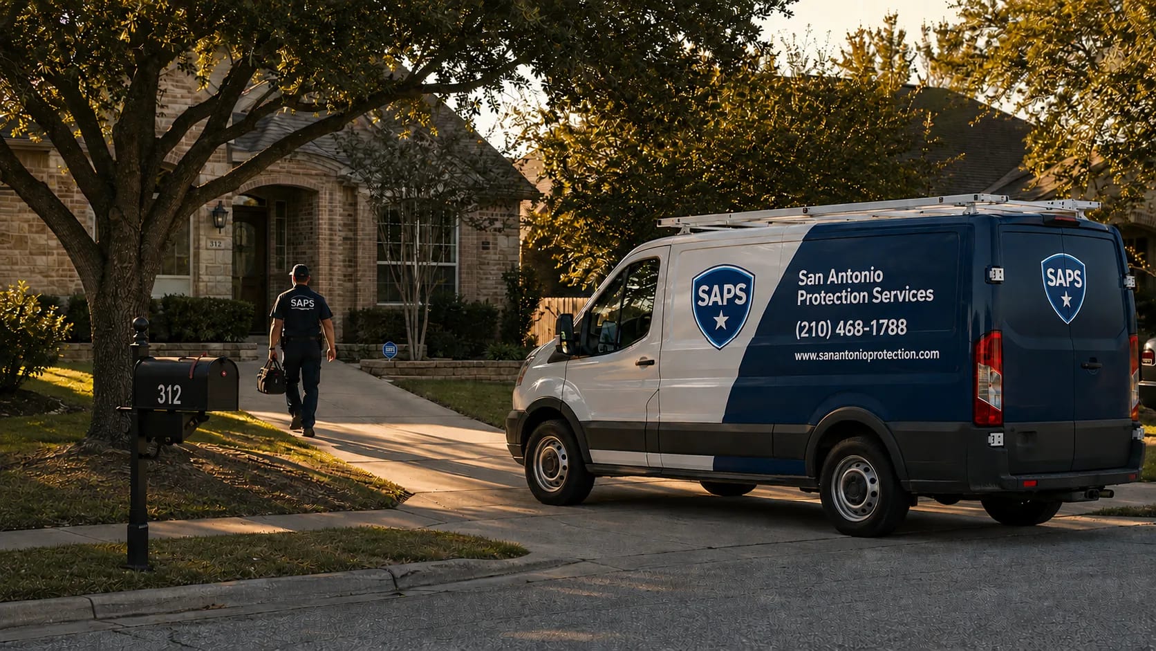A SAPS service van parked at the curb of a Texas residential street while a uniformed technician walks up the driveway carrying a tool bag