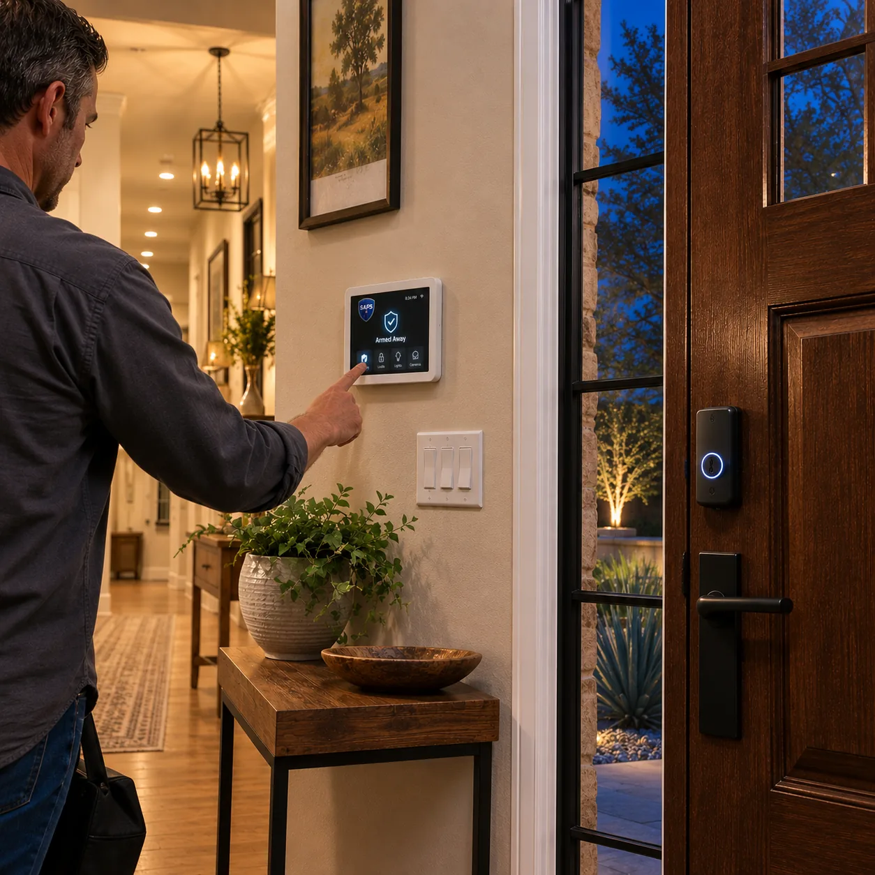 Homeowner arming a smart security panel by the door with connected lights and lock visible