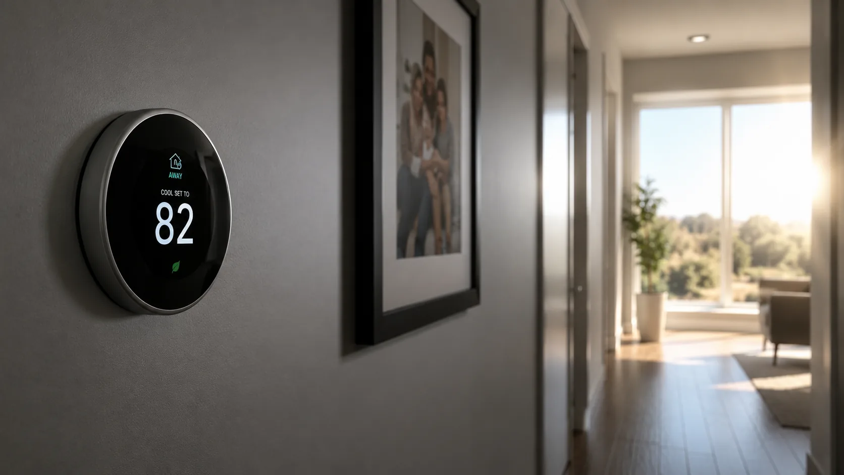 Smart thermostat on a hallway wall showing an away setback while the Texas sun blazes outside