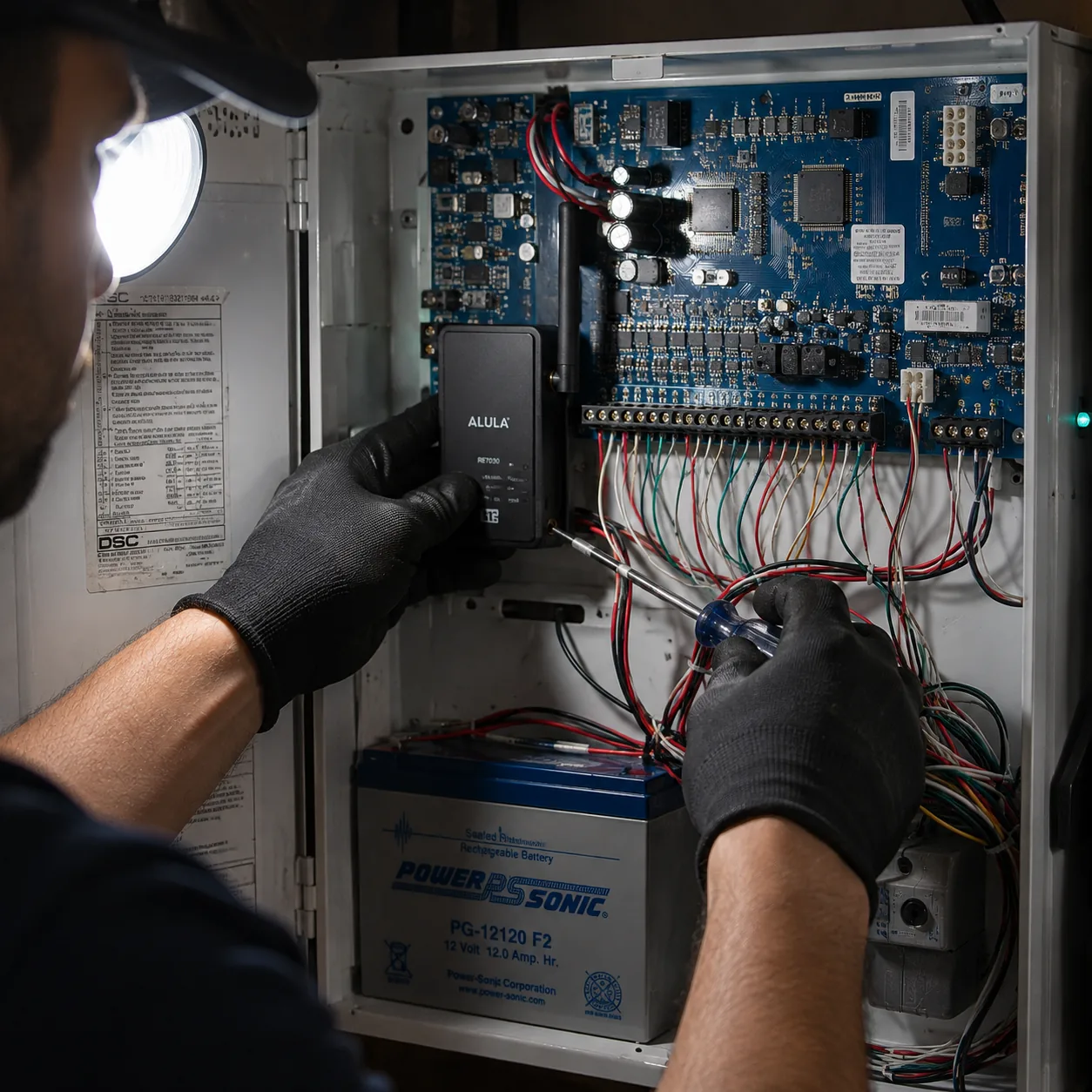 Technician reprogramming an existing alarm panel during a system takeover