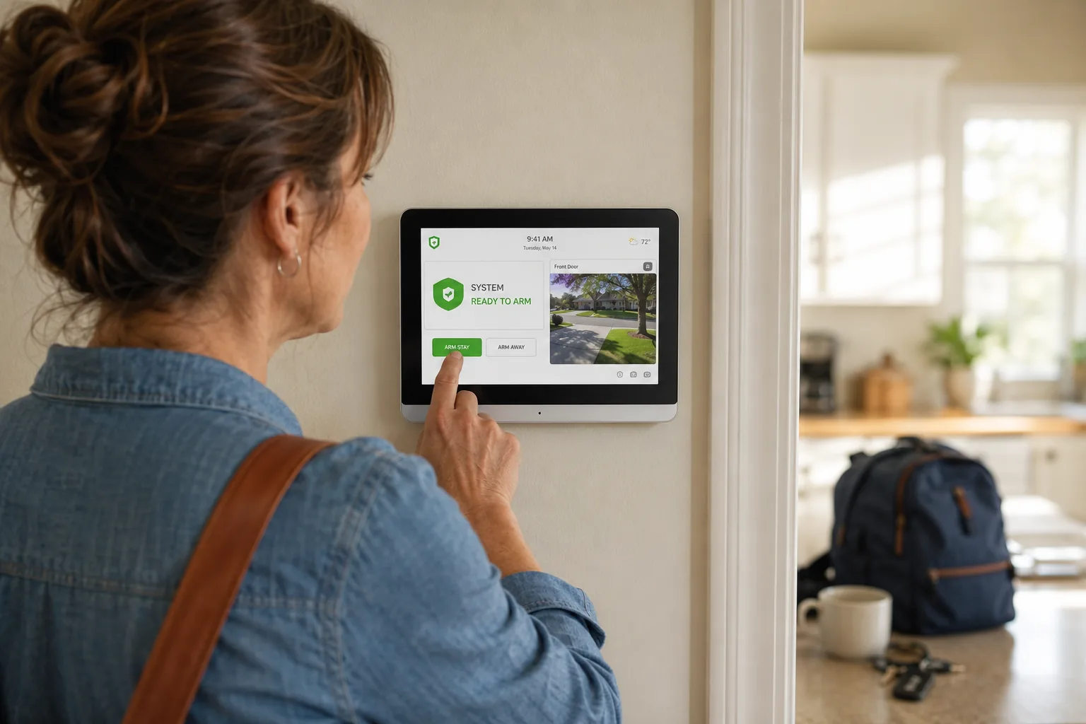 Homeowner arming a wall-mounted touchscreen security panel in a Texas kitchen entryway